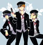  adjusting_hat angel_beats! blue_eyes blue_hair cabbie_hat cosplay green_hair gun hand_in_pocket handgun hat hinata_(angel_beats!) jacket male multiple_boys naoi_ayato naoi_ayato_(cosplay) necktie orange_eyes orange_hair otonashi_(angel_beats!) pistol popped_collar school_uniform short_hair smile tomako weapon yellow_eyes 