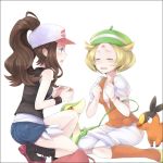  2girls bandages baseball_cap bel_(pokemon) bell_(pokemon) blonde_hair bracelet brown_hair chocolate_nuts closed_eyes cuts denim denim_shorts dojikko hat injury jewelry multiple_girls pokemon pokemon_(creature) pokemon_(game) pokemon_black_and_white pokemon_bw ponytail shorts skirt snivy tears tepig thigh-highs touko_(pokemon) vest 