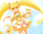  aqua_background blonde_hair cure_sunshine dress futari_wa_precure hair_ribbon heart heartcatch_precure! long_hair magical_girl midriff myoudouin_itsuki navel potpourri_(heartcatch_precure!) potpurri precure ribbon skirt smile twintails yellow yellow_dress yellow_eyes 