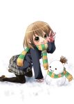  aruki black_pantyhose brown_eyes brown_hair gloves hirasawa_yui k-on! pantyhose plaid plaid_skirt scarf school_uniform short_hair skirt snowman striped striped_scarf tartan v 