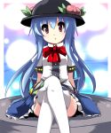  blue_hair crossed_legs favfavver2 food fruit hat highres hinanawi_tenshi long_hair open_mouth peach red_eyes sitting skirt solo thigh-highs thighhighs touhou 