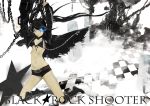  arms_up belt bikini_top black_hair black_rock_shooter black_rock_shooter_(character) blue_eyes boots breasts chain checkered checkered_floor cleavage front-tie_top glowing glowing_eye glowing_eyes highres jacket kiyohisa kneeling long_hair navel scar short_shorts shorts solo star stitches twintails weapon 