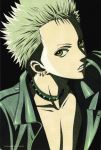  collar earrings green_hair jewelry leather_jacket male nana punk solo spiked_collar spikes terashima_nobu yellow_eyes 