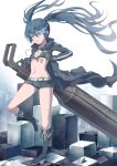  absurdres belt bikini_top black_rock_shooter black_rock_shooter_(character) blue_hair boots front-tie_top gloves glowing glowing_eye glowing_eyes highres huge_weapon jacket knee_boots leg_up long_hair navel scar short_shorts shorts solo stitches supertie twintails very_long_hair weapon 