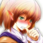  biting blonde_hair blush clenched_teeth ear_blush finger_biting green_eyes lowres mizuhashi_parsee pointy_ears short_hair solo tears touhou 