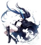  black_hair black_rock_shooter black_rock_shooter_(character) blue_eyes boots chain coat dhiea glowing glowing_eyes long_hair midriff navel pale_skin scar shorts solo twintails very_long_hair 
