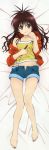  barefoot brown_hair casual dakimakura highres ladle long_hair lying off_shoulder on_back open_fly shorts solo to_love-ru toloveru unzipped yellow_eyes yuuki_mikan 
