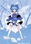  &gt;:) :d ahoge barefoot bloomers blue_eyes blue_hair bow cirno clenched_hand feet hair_bow ideolo jpeg_artifacts open_mouth outstretched_arm short_hair smile solo touhou wings 