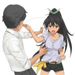  a1 belt black_hair blue_eyes clenched_hand earrings fighting from_behind ganaha_hibiki hair_ribbon idolmaster jewelry karate long_hair martial_arts ponytail ribbon shorts simple_background 