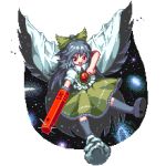  black_hair bow cape hair_bow kneehighs lowres pedoroiya pixel_art red_eyes reiuji_utsuho socks solo touhou weapon wings 