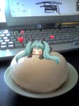  cap chibi closed_eyes computer_keyboard food hatsune_miku heart in_food long_hair minigirl nikuman photo twintails vocaloid watomura 