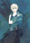  1boy armor belt black_wings blonde_hair blue_eyes closed_mouth cloud_strife commentary_request earrings final_fantasy final_fantasy_vii final_fantasy_vii_advent_children geostigma gloves holding_own_arm jewelry male_focus multiple_belts ringomell_ura short_hair shoulder_armor simple_background single_earring single_wing spiky_hair turtleneck wings zipper 