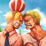  2boys balloon blonde_hair blue_necktie cigarette commentary curly_eyebrows earrings facial_hair goatee_stubble green_hair jewelry looking_at_another male_focus multiple_boys necktie one_piece pink_shirt roronoa_zoro sanji_(one_piece) shirt short_hair sideburns sky stubble torapunch twitter_username upper_body v-shaped_eyebrows white_shirt 