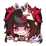  1girl black_gloves brown_hair chibi demon_tail english_commentary evil_smile fox_mask gloves honkai:_star_rail honkai_(series) japanese_clothes long_hair mask mask_on_head mole mole_under_each_eye mole_under_eye multiple_moles official_art red_eyes single_glove sinister smile solo sparkle_(honkai:_star_rail) tail transparent_background twintails upper_body wings 