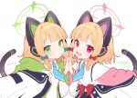  2girls :&lt; :d animal_ear_headphones animal_ears artist_name black_skirt blonde_hair blue_archive blue_bow blue_necktie blunt_bangs bow cat_ear_headphones cat_tail collared_shirt dated dress_shirt fake_animal_ears green_eyes green_halo hair_bow halo hand_on_another&#039;s_hand hashtag_only_commentary headphones highres hood hooded_jacket jacket light_blush looking_at_viewer low-tied_sidelocks midori_(blue_archive) miyayoki momoi_(blue_archive) multiple_girls necktie off_shoulder open_mouth palms_together pink_eyes pink_halo red_bow shirt short_hair siblings signature sisters skirt smile suspender_skirt suspenders tail twins white_jacket white_shirt wing_collar 