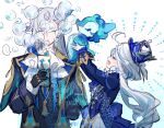  1boy 1girl ascot blue_coat blue_hair bubble coat cup furina_(genshin_impact) genshin_impact hat holding holding_cup long_hair low_twintails multicolored_hair neuvillette_(genshin_impact) open_clothes open_mouth pokira simple_background smile streaked_hair top_hat twintails upper_body very_long_hair white_ascot white_background white_hair 