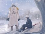  2boys back black_coat boots brown_footwear coat commentary epaulettes forest hat male_focus multiple_boys namagomi_(op_laaaaw_tan) nature one_piece sideburns sitting smoke smoker_(one_piece) snow sword trafalgar_law tree undercut weapon white_coat white_hair 