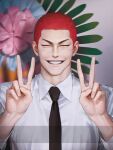  1boy black_necktie buzz_cut closed_eyes double_v highres indoors male_focus necktie nolja_cz redhead sakuragi_hanamichi short_hair slam_dunk_(series) smile solo upper_body v v-shaped_eyebrows very_short_hair 