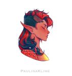  1girl artist_name asymmetrical_hair baldur&#039;s_gate baldur&#039;s_gate_3 black_hair blush broken_horn closed_eyes closed_mouth dungeons_and_dragons freckles horns karlach paulina_klime pointy_ears red_eyes redhead sidecut simple_background solo undercut watermark white_background 