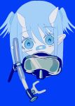  1girl bandaid bandaid_on_face bandaid_on_nose blue_background blue_eyes blue_hair blue_theme colored_skin covered_mouth diving_mask diving_mask_around_neck flat_color goggles head_only highres horns light_blue_hair looking_at_viewer medium_hair original pointy_ears portrait simple_background snorkel solo straight-on two_side_up urokogaran white_skin 