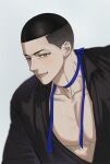  1boy black_hair black_shirt blush buzz_cut ear_piercing highres hoxy_x3x korean_commentary looking_at_viewer male_focus piercing sawakita_eiji shirt short_hair simple_background slam_dunk_(series) smile solo upper_body very_short_hair white_background 