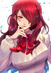  1girl bow breasts buttons closed_mouth commentary english_commentary eyelashes hair_over_one_eye kirijou_mitsuru long_hair looking_at_viewer persona persona_3 pixie_(pixieinktvis) puffy_sleeves red_bow red_lips redhead smile solo upper_body white_background 