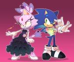  1boy 1girl animal_ears bad_id bad_twitter_id black_dress black_footwear blaze_the_cat blue_fur cat_ears cat_girl cat_tail dress forehead_jewel furry furry_female gloves green_eyes highres jacket one_eye_closed purple_fur side_slit sonic_(series) sonic_the_hedgehog stellarspin tail topknot white_footwear white_gloves yellow_eyes 