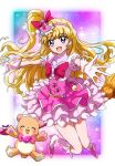  1girl asahina_mirai blonde_hair boots bow commentary cure_miracle dress dress_bow earrings floating frilled_dress frills futa-futa gloves hairband hat high_heel_boots high_heels jewelry light_particles long_hair looking_at_viewer magical_girl mahou_girls_precure! mini_hat mini_witch_hat mofurun_(mahou_girls_precure!) one_side_up pink_dress pink_hairband pink_headwear precure puffy_short_sleeves puffy_sleeves reaching reaching_towards_viewer short_dress short_sleeves solo stuffed_animal stuffed_toy teddy_bear two-tone_dress violet_eyes white_dress white_footwear white_gloves witch_hat 