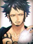  1boy black_coat black_hair chest_tattoo close-up coat commentary earrings facial_hair goatee hat holding holding_clothes holding_hat jewelry looking_to_the_side male_focus namagomi_(op_laaaaw_tan) one_piece short_hair sideburns simple_background solo spiky_hair tattoo trafalgar_law yellow_eyes 