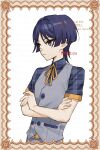  1boy artist_name belt belt_buckle blue_hair blue_shirt border brown_border buckle buttons choppy_bangs closed_mouth collared_shirt commentary_request crossed_arms dark_blue_hair dated frown genshin_impact grey_vest hair_between_eyes hair_intakes highres male_focus neck_ribbon ojo_aa orange_belt orange_ribbon parted_bangs ribbon scaramouche_(genshin_impact) shirt short_hair short_sleeves sidelocks signature simple_background solo twitter_username v-shaped_eyebrows vest violet_eyes watermark white_background wing_collar 