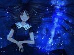  1girl black_hair collared_dress commentary dress green_eyes hair_spread_out long_hair looking_to_the_side lying on_back original own_hands_together short_sleeves sky smile solo star_(sky) starry_sky suzuko_(suzukosz) very_long_hair 