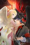  1boy 1girl alternate_costume black_wings blonde_hair blurry blurry_background closed_mouth commentary_request earrings fire_emblem fire_emblem:_radiant_dawn green_eyes grey_eyes hat highres indoors jewelry leanne_(fire_emblem) long_hair naesala1063 naesala_(fire_emblem) pirate_hat pointy_ears smile white_wings wings 