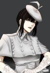  1girl black_hair collared_shirt commentary ear_piercing earrings gloves grey_background grey_eyes highres hoshi_san_3 jewelry looking_at_viewer mole mole_under_eye parted_lips piercing real_life shiina_ringo shirt short_hair sidelocks simple_background solo upper_body white_gloves white_headwear white_shirt 