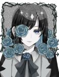  1girl absurdres ado_(utaite) black_bow black_bowtie black_coat black_hair blue_eyes blue_flower blue_hair blue_rose bow bowtie chando_(ado) closed_mouth cloud_nine_inc coat collared_shirt colored_inner_hair dress_shirt flower flower_brooch flower_over_eye grey_background grey_shirt highres light_particles looking_at_viewer multicolored_hair nemophila2929 open_clothes open_coat outside_border rose shirt solo two-tone_hair upper_body utaite 
