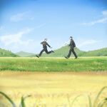  2boys absurdres black_eyes black_hair black_jacket black_pants blue_sky blurry blurry_foreground buzz_cut day field from_side fukatsu_kazunari full_body gakuran highres holding holding_plant jacket male_focus mochimochi71473 mountainous_horizon multiple_boys outdoors pants plant running sawakita_eiji school_uniform short_hair sky slam_dunk_(series) undercut very_short_hair walking 