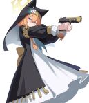  1girl absurdres animal_ear_headwear black_headwear blue_archive blue_eyes blush coif desert_eagle flower green_neckerchief gun habit hair_between_eyes halo handgun hat hat_flower highres holding holding_gun holding_weapon long_hair long_sleeves mari_(blue_archive) neckerchief nun orange_hair parted_lips puffy_long_sleeves puffy_sleeves simple_background solo takashima_shoa weapon white_background white_flower yellow_halo 