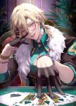  1boy aqua_shirt aventurine_(honkai:_star_rail) black_gloves blonde_hair bracelet card chair collared_shirt earrings fur_trim glasses gloves hair_between_eyes highres honkai:_star_rail honkai_(series) jewelry looking_at_viewer male_focus mimisuke37 neck_tattoo on_chair open_mouth piercing playing_card ring shirt short_hair sitting solo tattoo tongue tongue_out tongue_piercing violet_eyes watch watch 