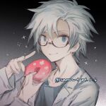  1boy blue_eyes chinese_commentary commentary_request doughnut food glasses grey_shirt highres holding holding_food imuotomocu2 kanou_aogu lab_coat long_sleeves male_focus open_clothes portrait saibou_shinkyoku semi-rimless_eyewear shirt short_hair smile solo sparkle white_hair 