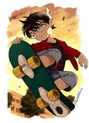  1boy blue_eyes blue_shorts brown_hair building commentary_request edogawa_conan glasses jacket meiji_(pecosyr5) meitantei_conan one_eye_closed red_jacket shirt shorts skateboard skateboarding sky solo tree twitter_username 