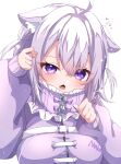  1girl absurdres ahoge animal_ear_fluff animal_ears blush cat_ears cat_girl clothing_request highres hololive long_hair looking_at_viewer nekomata_okayu official_alternate_costume open_mouth purple_hair shino_nome star_(symbol) star_in_eye symbol_in_eye two_side_up violet_eyes virtual_youtuber white_background 