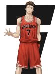  1boy absurdres basketball_uniform brown_hair collarbone curly_hair highres kami_off_record male_focus miyagi_ryouta pompadour slam_dunk_(series) smile solo sportswear standing white_background 