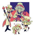  1boy 1girl apple black_bow black_bowtie blonde_hair bow bowtie cane charlie_morningstar colored_sclera demon demon_boy demon_girl father_and_daughter food fruit gogeyama hat hazbin_hotel highres holding holding_cane long_hair long_sleeves lucifer_(hazbin_hotel) pale_skin red_eyes red_suit sharp_teeth smile snake striped_clothes striped_vest suit teeth two-tone_hat vertical-striped_clothes vertical-striped_vest vest white_headwear white_suit yellow_sclera 