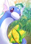  absurdres animal_focus blue_skin blurry blurry_background colored_skin commentary_request corn dratini forehead_jewel head_wings highres looking_at_viewer multicolored_skin no_humans outdoors pokemon pokemon_(creature) sheyona snake tail two-tone_skin white_skin wings 