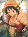  1boy abs arm_up chain commentary happy_birthday hat looking_at_viewer male_focus monkey_d._luffy namagomi_(op_laaaaw_tan) one_piece open_clothes open_shirt red_shirt scar scar_on_face shirt short_hair smile solo straw_hat sword weapon 