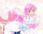  1girl ascot bow braid brooch confetti cure_prism dress dress_bow earrings elbow_gloves gloves green_eyes hair_bow heart heart_hands hirogaru_sky!_precure jewelry layered_dress light_trail long_hair magical_girl medium_dress mu-chu nijigaoka_mashiro pink_hair precure side_braid single_earring sleeveless sleeveless_dress solo twin_braids very_long_hair white_ascot white_bow white_dress white_gloves wing_brooch 