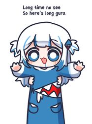  1girl animal armpit_carry blue_eyes blue_hair blue_hoodie blunt_bangs blush disembodied_limb eiul gawr_gura gawr_gura_(1st_costume) hair_ornament highres holding holding_animal hololive hololive_english hood hoodie lifting_person long_hair long_sleeves longcat_(meme) looking_at_viewer meme multicolored_hair open_mouth shark_girl shark_print sharp_teeth smile streaked_hair teeth two_side_up virtual_youtuber white_hair 