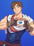  1boy artist_logo artist_name asamine_matakara blue_background blue_eyes blush bracelet brown_hair bucchigiri?! earrings feet_out_of_frame fingerless_gloves gloves heart heart_hands highres jewelry looking_at_viewer male_focus mature_male muscular muscular_male necklace scarf shirt short_hair simple_background sleeveless smile solo spiky_hair syrop_(syr_ooo_p) teeth upper_body 