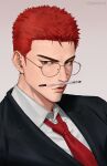  1boy glasses highres jigpanjang male_focus open_mouth pencil_as_mustache red_tie sakuragi_hanamichi short_hair slam_dunk_(series) solo spiky_hair suit upper_body white_background 