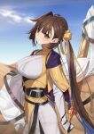  1girl braid breasts brown_eyes brown_hair commentary_request cowboy_shot day desert hair_ribbon highres honkai_(series) honkai_impact_3rd large_breasts li_sushang long_hair looking_at_viewer looking_to_the_side meda orange_ribbon outdoors ribbon sky smile solo three_quarter_view very_long_hair 