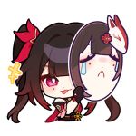  +++ 1girl :p bare_shoulders brown_hair chibi english_commentary fox_mask holding honkai:_star_rail honkai_(series) japanese_clothes long_hair looking_at_viewer mask mole mole_under_eye official_art red_eyes red_headwear solo sparkle_(honkai:_star_rail) tongue tongue_out transparent_background upper_body 